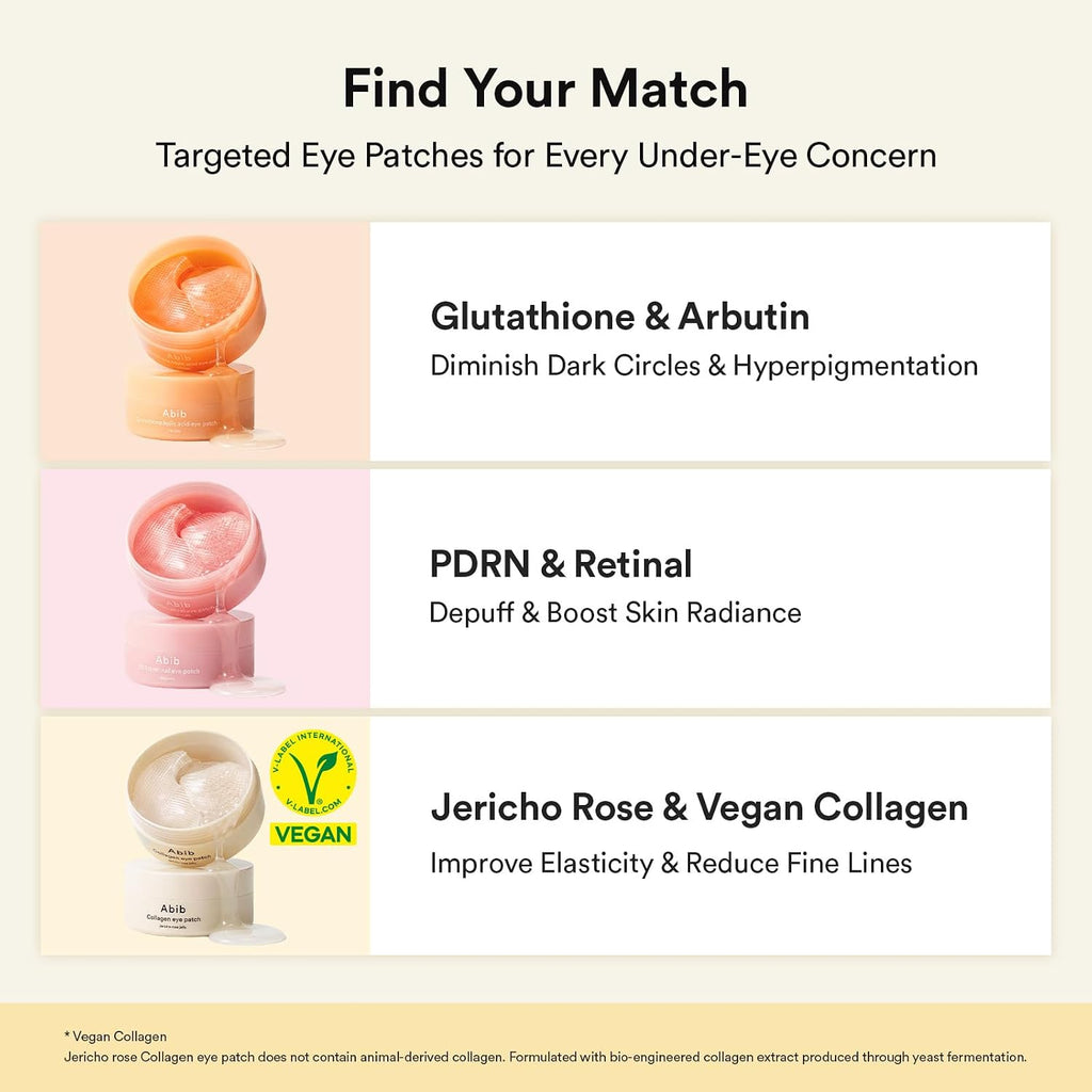 Abib Vegan Collagen Eye Patches for Wrinkles & Fine Line with Jericho Rose Jelly & Peptides, 60 Count, Korean Skin Care