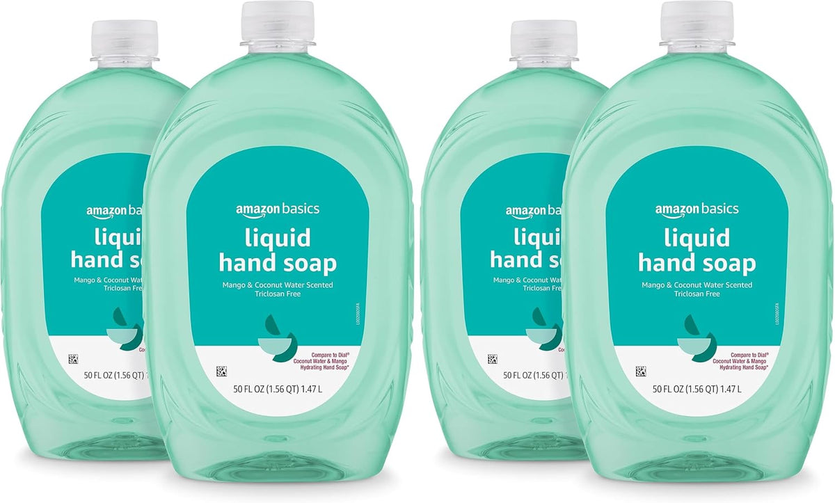 Amazon Basics Liquid Hand Soap Refill, Mango & Coconut Water Scent, Triclosan-Free, 50 Fl Oz (Pack of 4)