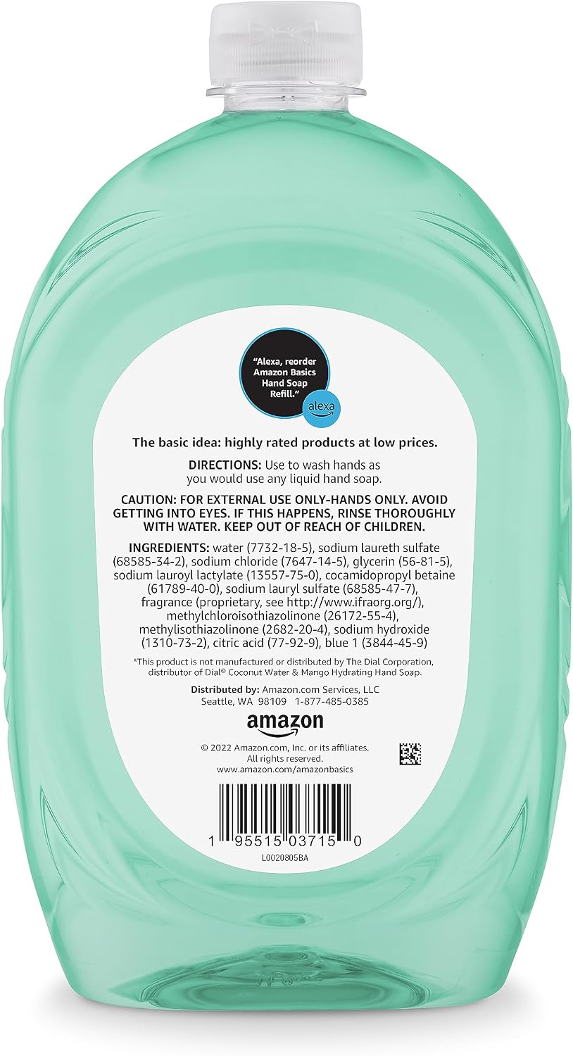 Amazon Basics Liquid Hand Soap Refill, Mango & Coconut Water Scent, Triclosan-Free, 50 Fl Oz (Pack of 4)
