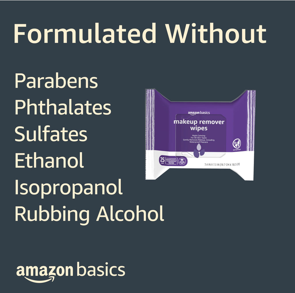 Amazon Basics Makeup Remover Wipes, Fragrance-Free, Alcohol-Free, Gentle Cleansing, Plant-Based, Dermatologist Tested, Removes Waterproof Mascara, Resealable, 25 Count, 1-Pack