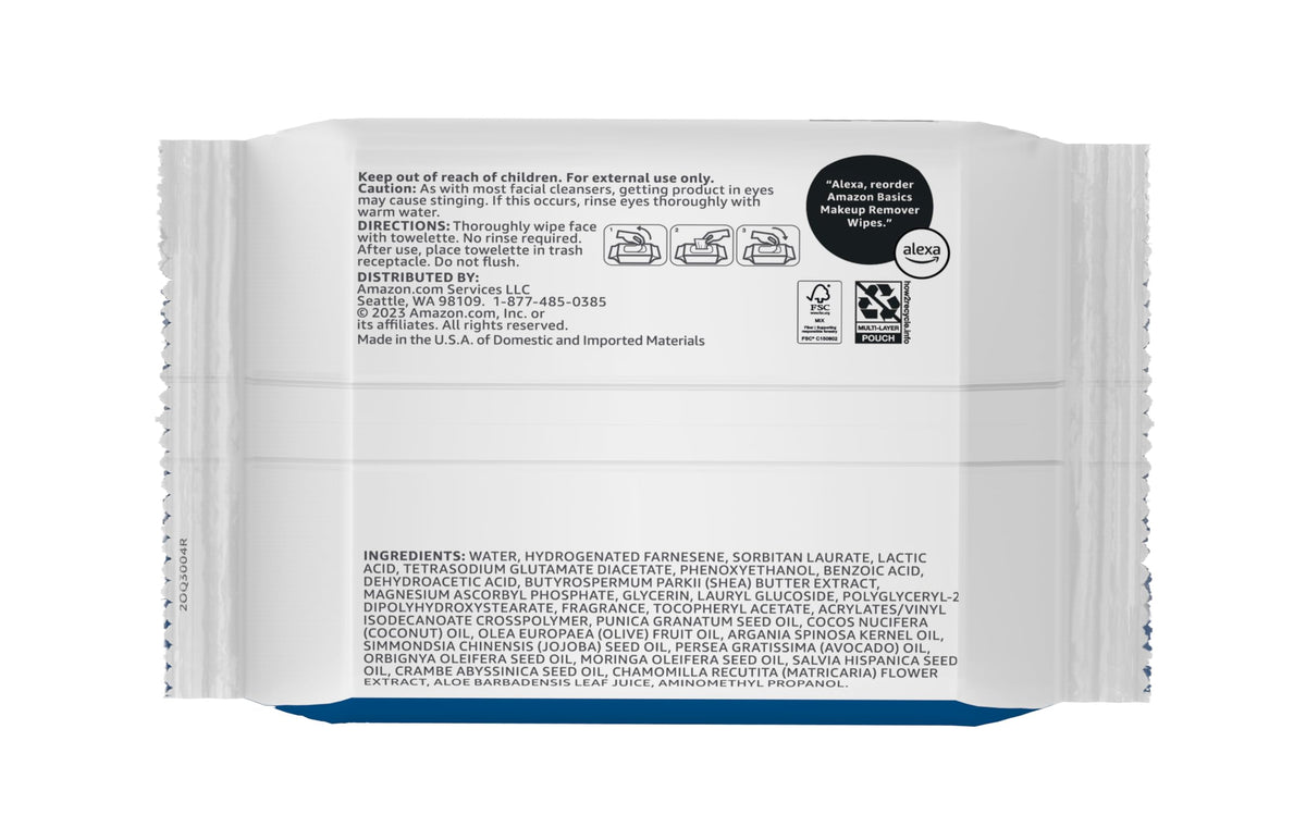 Amazon Basics Makeup Remover Wipes, Fragrance-Free, Alcohol-Free, Gentle Cleansing, Plant-Based, Dermatologist Tested, Removes Waterproof Mascara, Resealable, 25 Count, 1-Pack