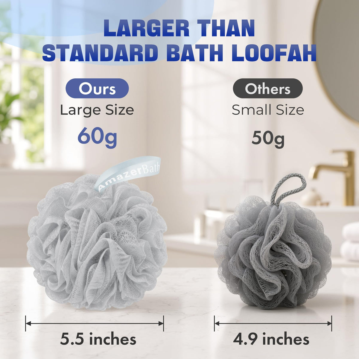 AmazerBath Loofah Sponge 75g/Piece, Exfoliating Bath Sponge Body Scrubber - Loofa Set of 4 - Snow White, Large