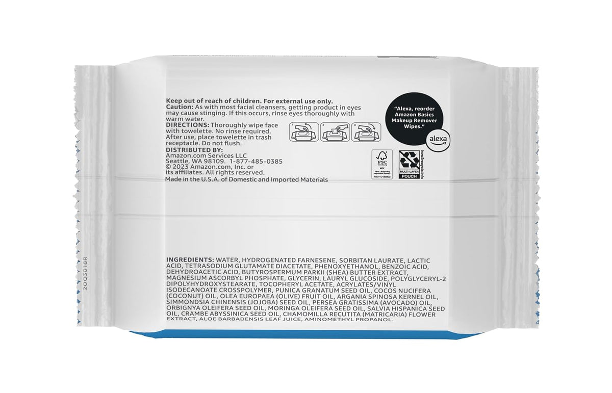Amazon Basics Makeup Remover Wipes, Fragrance-Free, Alcohol-Free, Gentle Cleansing, Plant-Based, Dermatologist Tested, Removes Waterproof Mascara, Resealable, 25 Count, 1-Pack