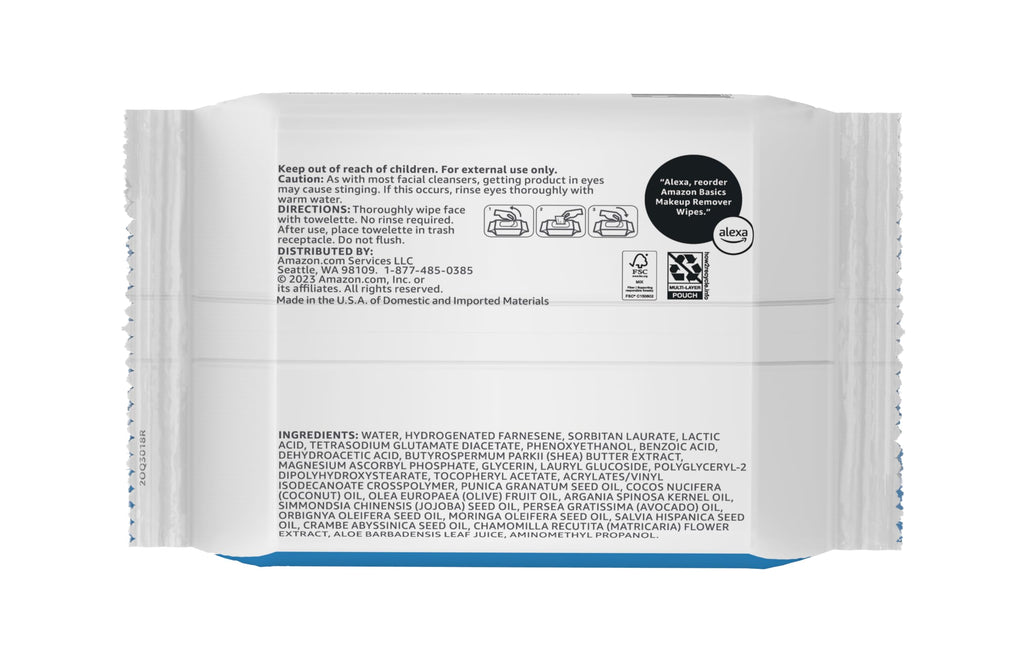 Amazon Basics Makeup Remover Wipes, Fragrance-Free, Alcohol-Free, Gentle Cleansing, Plant-Based, Dermatologist Tested, Removes Waterproof Mascara, Resealable, 25 Count, 1-Pack