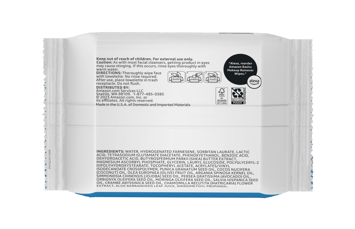 Amazon Basics Makeup Remover Wipes, Fragrance-Free, Alcohol-Free, Gentle Cleansing, Plant-Based, Dermatologist Tested, Removes Waterproof Mascara, Resealable, 25 Count, 1-Pack