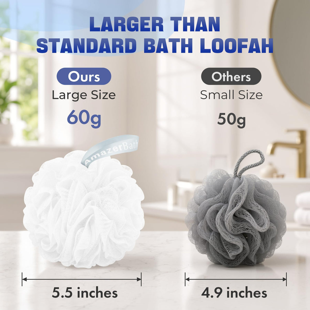 AmazerBath Loofah Sponge 75g/Piece, Exfoliating Bath Sponge Body Scrubber - Loofa Set of 4 - Snow White, Large