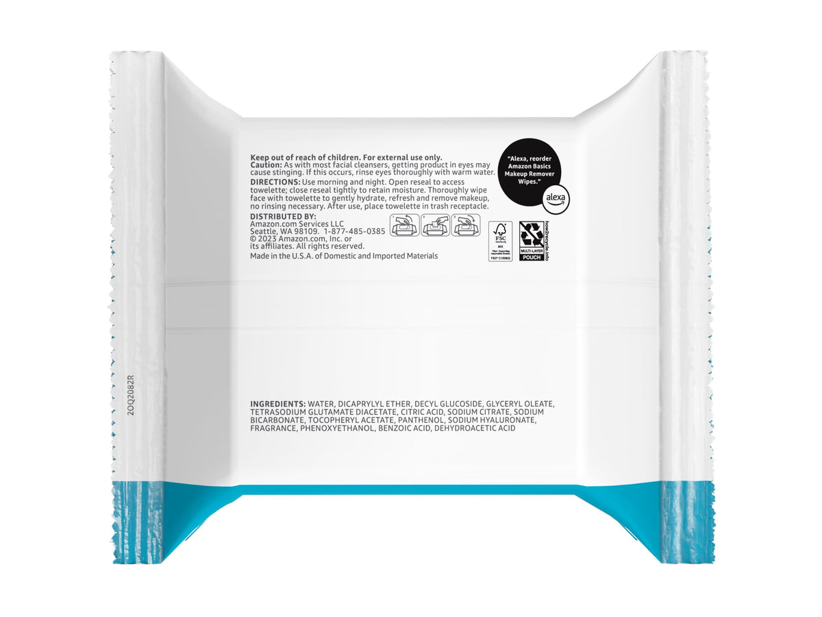 Amazon Basics Makeup Remover Wipes, Fragrance-Free, Alcohol-Free, Gentle Cleansing, Plant-Based, Dermatologist Tested, Removes Waterproof Mascara, Resealable, 25 Count, 1-Pack