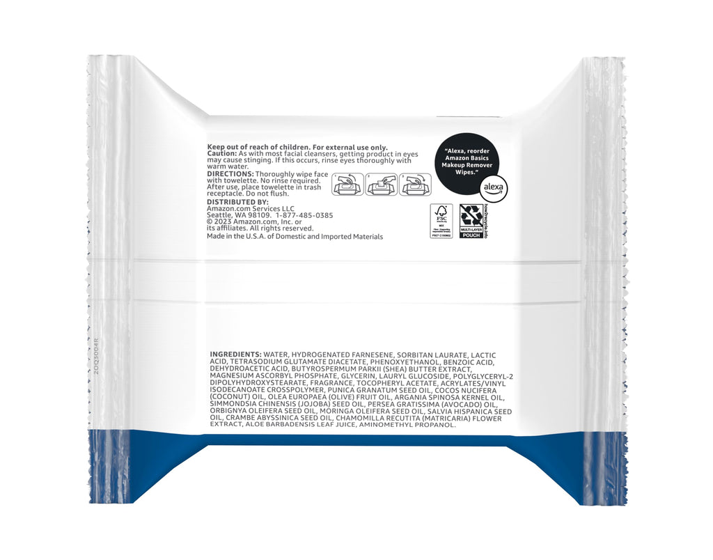 Amazon Basics Makeup Remover Wipes, Fragrance-Free, Alcohol-Free, Gentle Cleansing, Plant-Based, Dermatologist Tested, Removes Waterproof Mascara, Resealable, 25 Count, 1-Pack