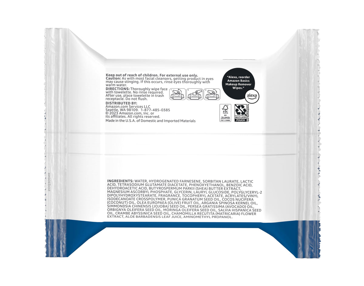 Amazon Basics Makeup Remover Wipes, Fragrance-Free, Alcohol-Free, Gentle Cleansing, Plant-Based, Dermatologist Tested, Removes Waterproof Mascara, Resealable, 25 Count, 1-Pack