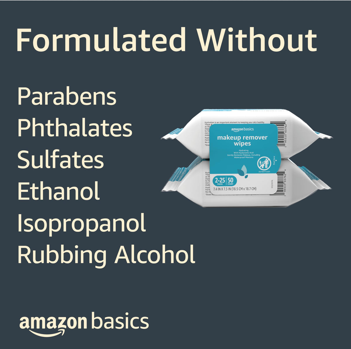 Amazon Basics Makeup Remover Wipes, Fragrance-Free, Alcohol-Free, Gentle Cleansing, Plant-Based, Dermatologist Tested, Removes Waterproof Mascara, Resealable, 25 Count, 1-Pack