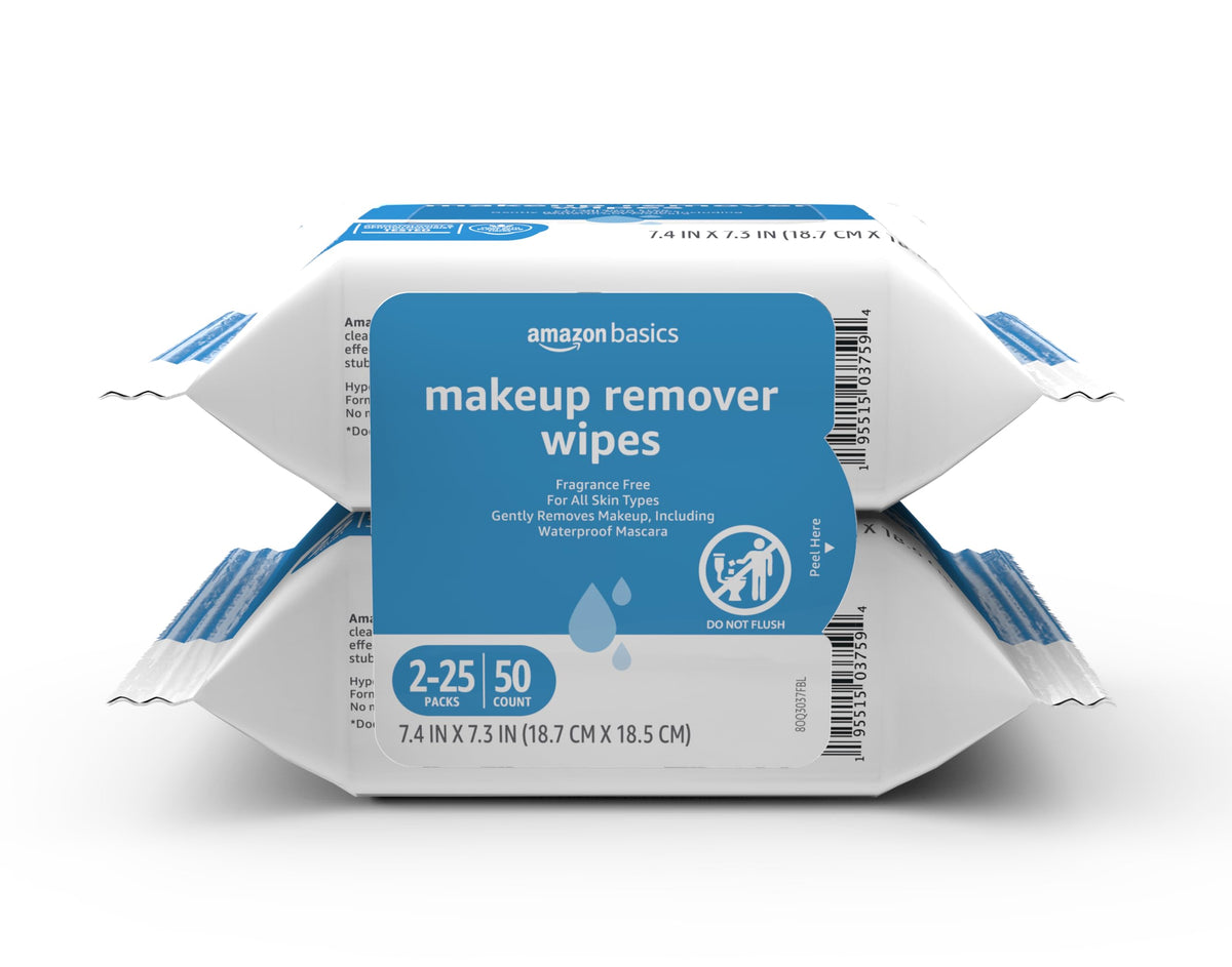 Amazon Basics Makeup Remover Wipes, Fragrance-Free, Alcohol-Free, Gentle Cleansing, Plant-Based, Dermatologist Tested, Removes Waterproof Mascara, Resealable, 25 Count, 1-Pack