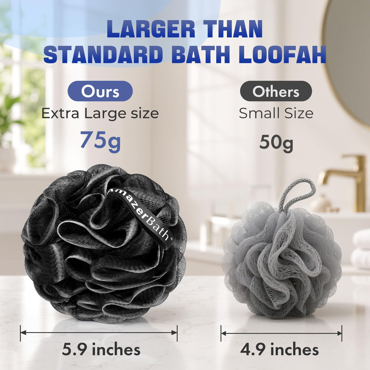 AmazerBath Loofah Sponge 75g/Piece, Exfoliating Bath Sponge Body Scrubber - Loofa Set of 4 - Snow White, Large