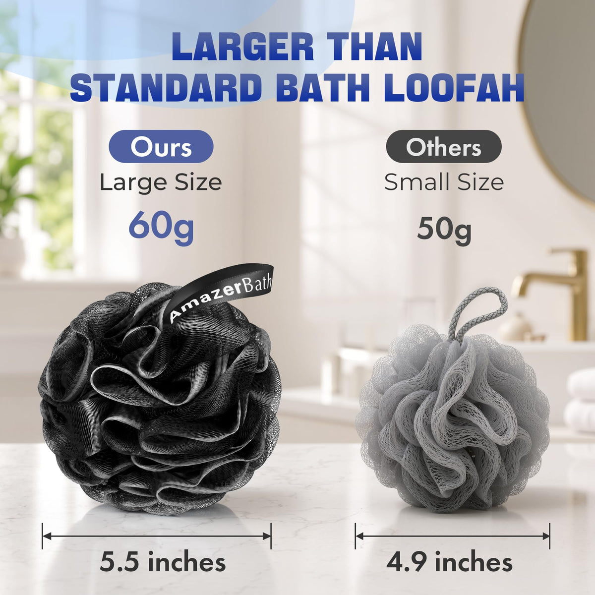 AmazerBath Loofah Sponge 75g/Piece, Exfoliating Bath Sponge Body Scrubber - Loofa Set of 4 - Snow White, Large