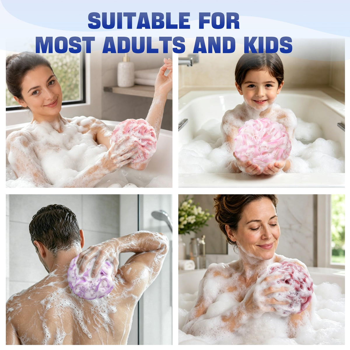 AmazerBath Loofah Sponge 75g/Piece, Exfoliating Bath Sponge Body Scrubber - Loofa Set of 4 - Snow White, Large