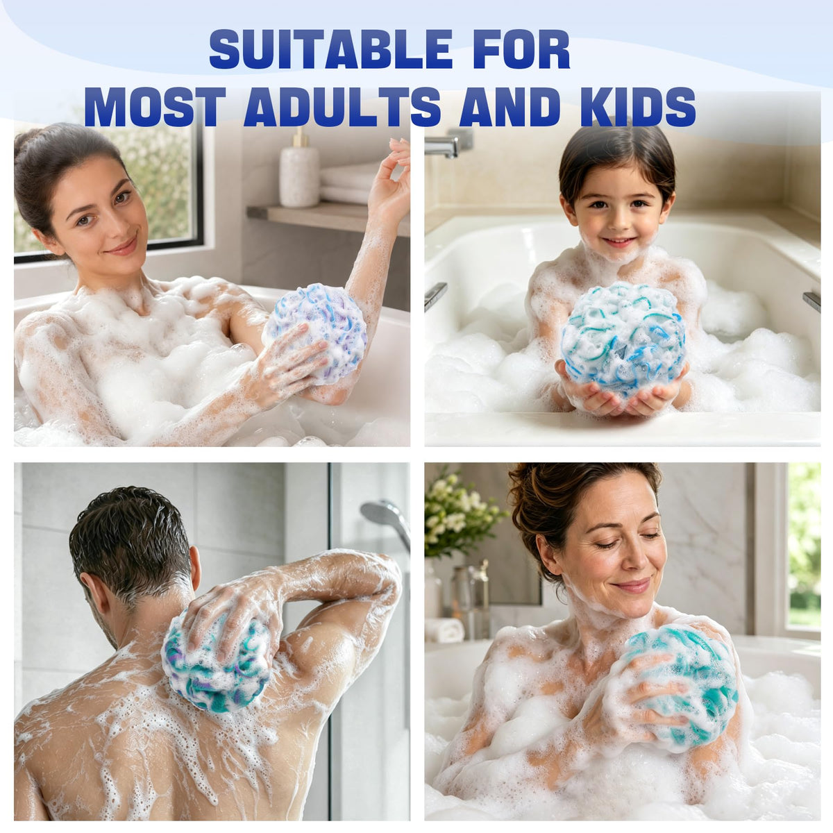 AmazerBath Loofah Sponge 75g/Piece, Exfoliating Bath Sponge Body Scrubber - Loofa Set of 4 - Snow White, Large