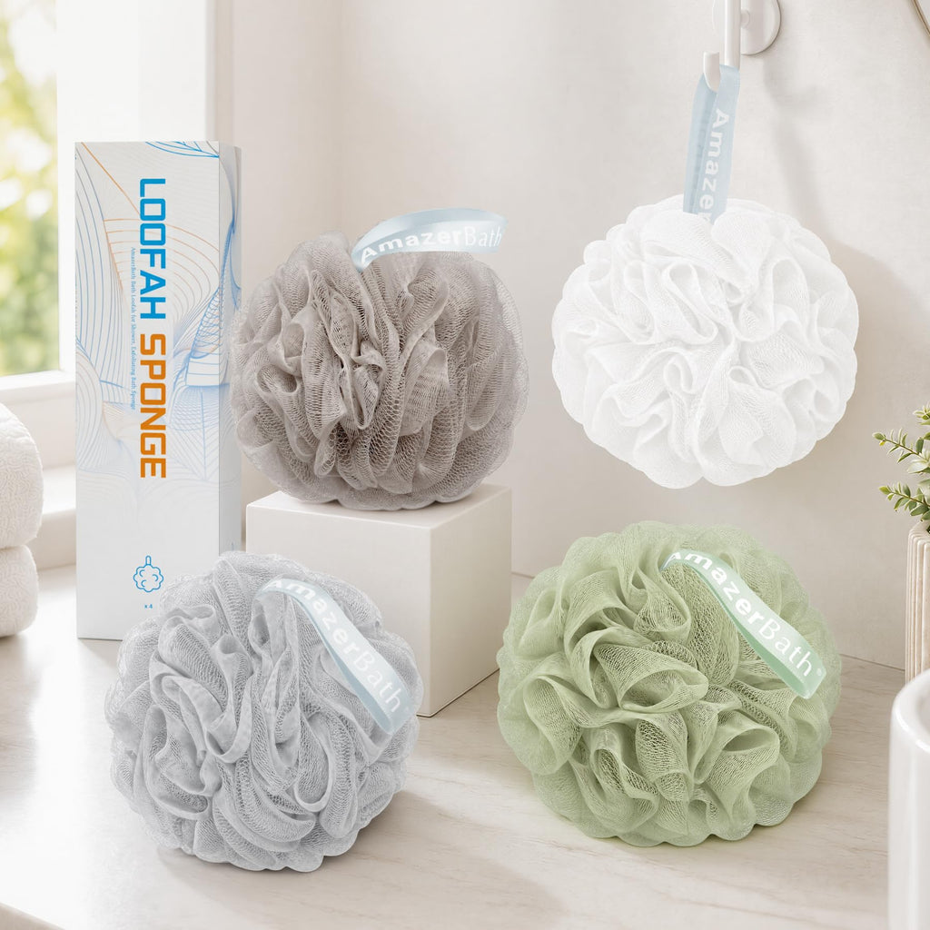 AmazerBath Loofah Sponge 75g/Piece, Exfoliating Bath Sponge Body Scrubber - Loofa Set of 4 - Snow White, Large