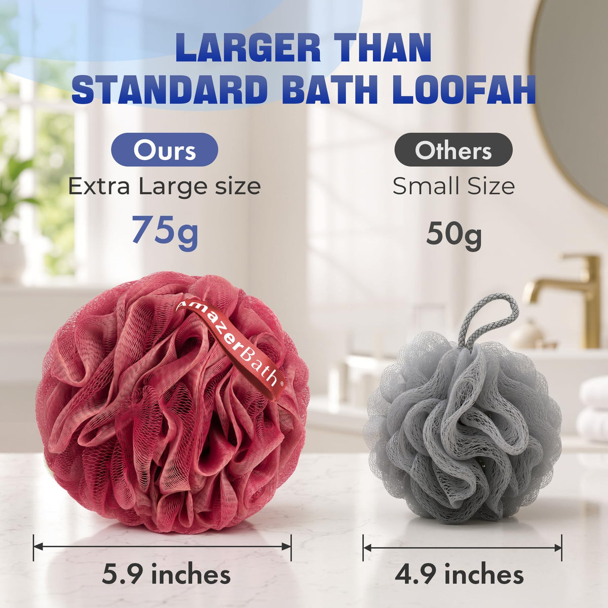 AmazerBath Loofah Sponge 75g/Piece, Exfoliating Bath Sponge Body Scrubber - Loofa Set of 4 - Snow White, Large
