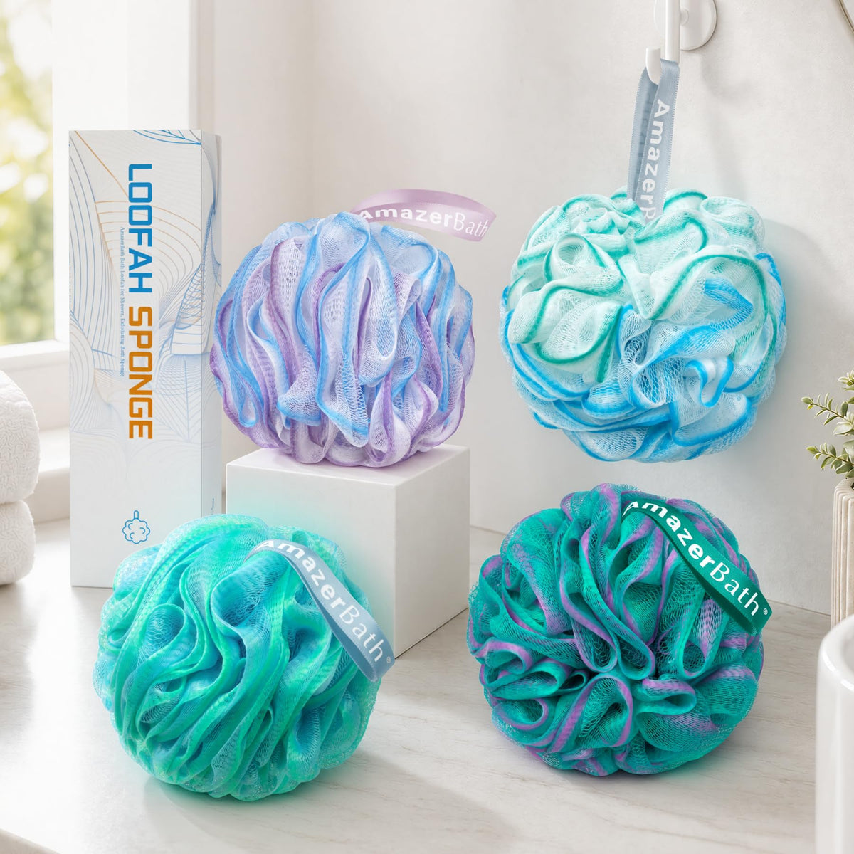 AmazerBath Loofah Sponge 75g/Piece, Exfoliating Bath Sponge Body Scrubber - Loofa Set of 4 - Snow White, Large