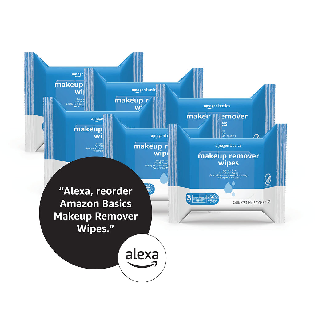 Amazon Basics Makeup Remover Wipes, Fragrance-Free, Alcohol-Free, Gentle Cleansing, Plant-Based, Dermatologist Tested, Removes Waterproof Mascara, Resealable, 25 Count, 1-Pack