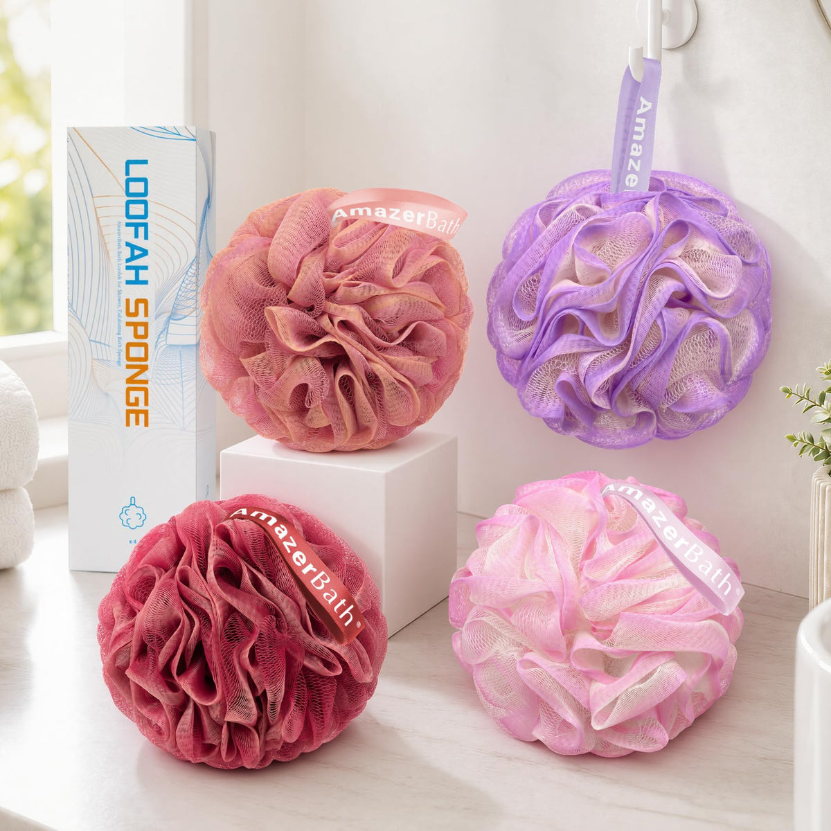 AmazerBath Loofah Sponge 75g/Piece, Exfoliating Bath Sponge Body Scrubber - Loofa Set of 4 - Snow White, Large