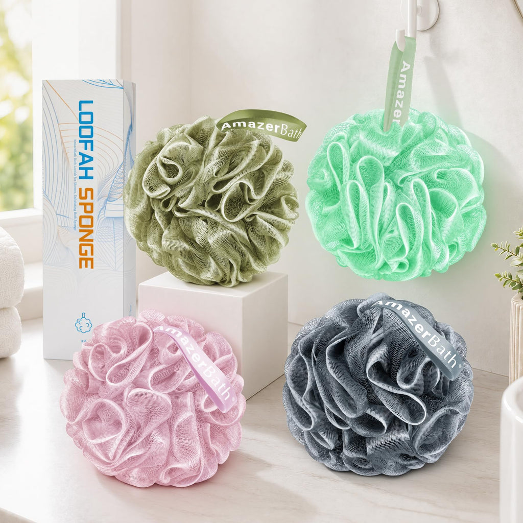 AmazerBath Loofah Sponge 75g/Piece, Exfoliating Bath Sponge Body Scrubber - Loofa Set of 4 - Snow White, Large
