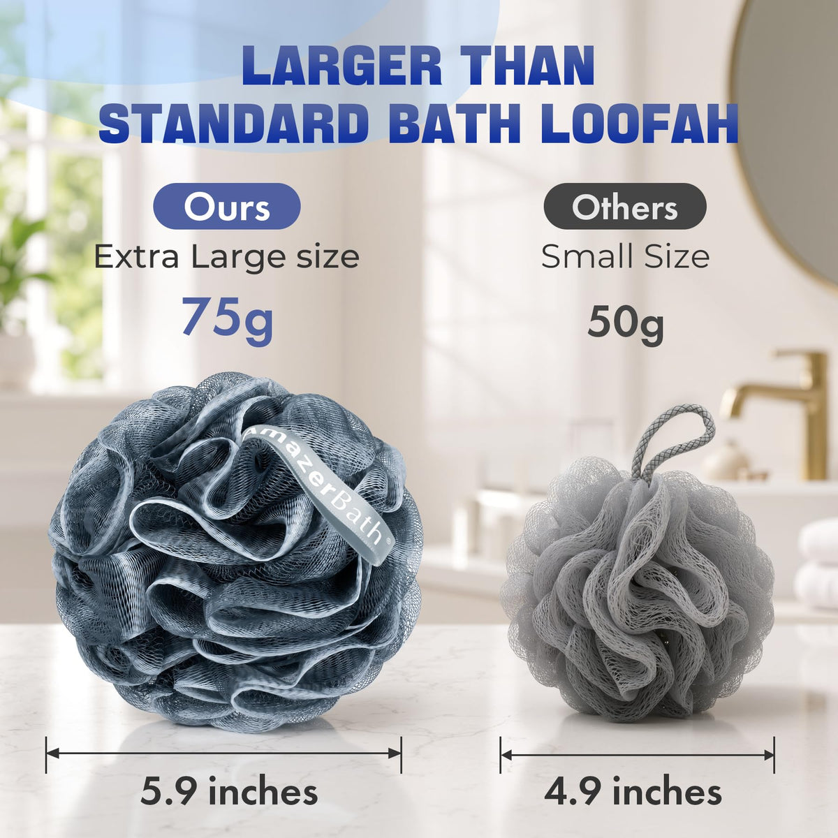 AmazerBath Loofah Sponge 75g/Piece, Exfoliating Bath Sponge Body Scrubber - Loofa Set of 4 - Snow White, Large