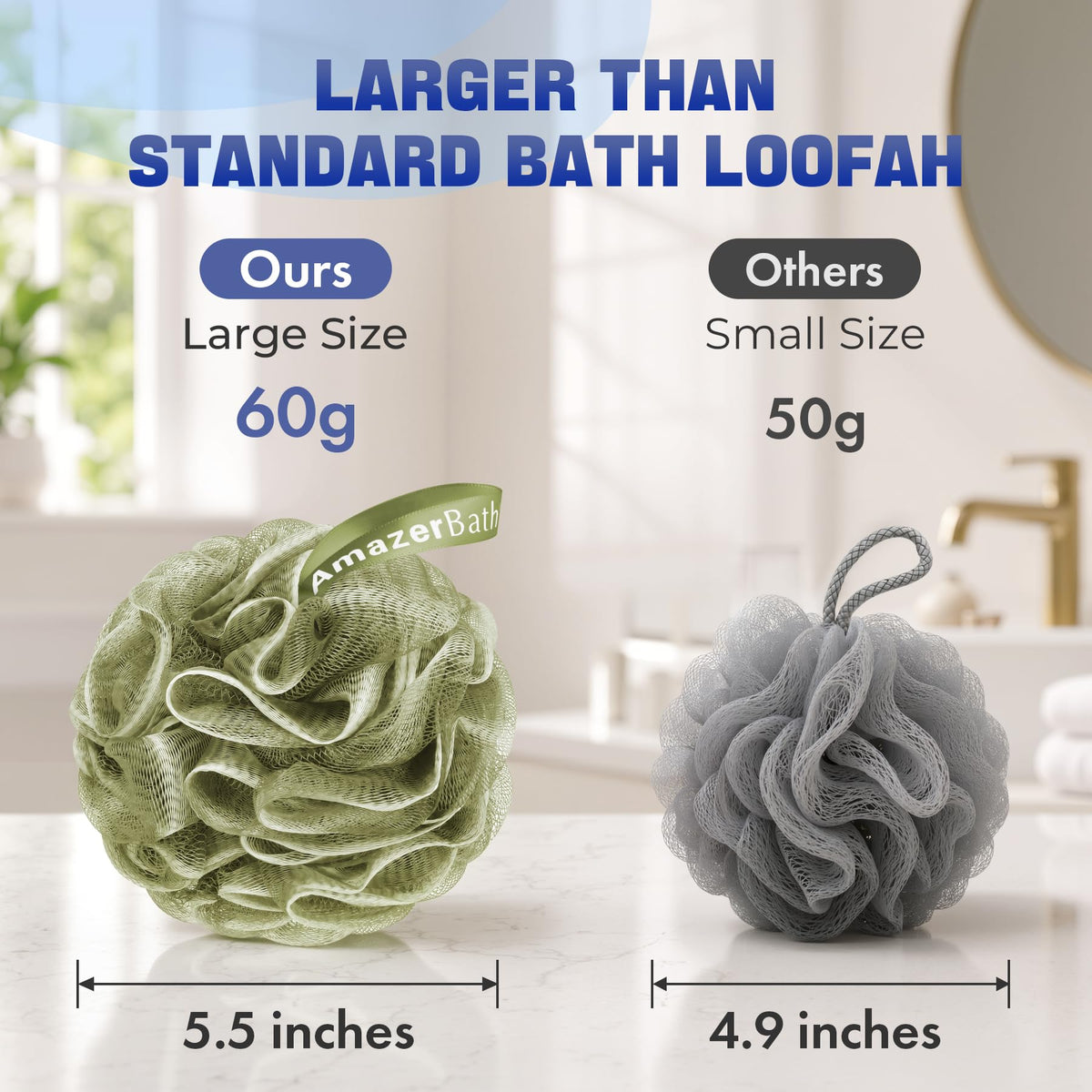 AmazerBath Loofah Sponge 75g/Piece, Exfoliating Bath Sponge Body Scrubber - Loofa Set of 4 - Snow White, Large