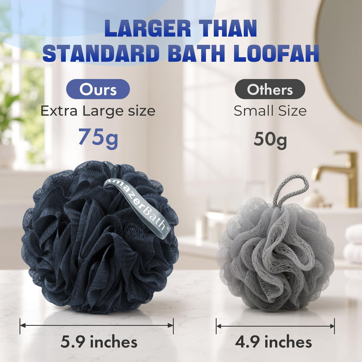 AmazerBath Loofah Sponge 75g/Piece, Exfoliating Bath Sponge Body Scrubber - Loofa Set of 4 - Snow White, Large